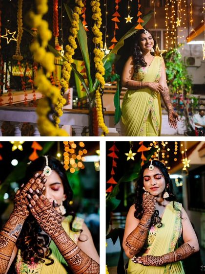 A collage showing the bride displaying her intricate Mehendi design at night, set against a backdrop of beautiful fairy lights.