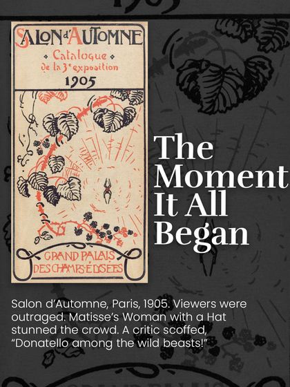 The moment it all began: Salon d'Automne, Paris, 1905. Viewers were outraged by Matisse’s 'Woman with a Hat,' leading a critic to scoff, "Donatello among the wild beasts!"