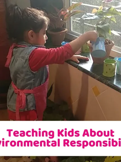 Another shot of a child taking on the responsibility of watering plants. These small, consistent tasks are the first step in teaching environmental responsibility.