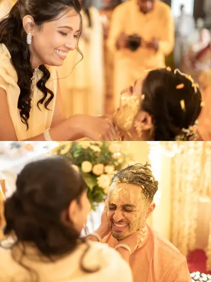 A diptych showing both the bride and groom getting haldi applied by their loved ones.