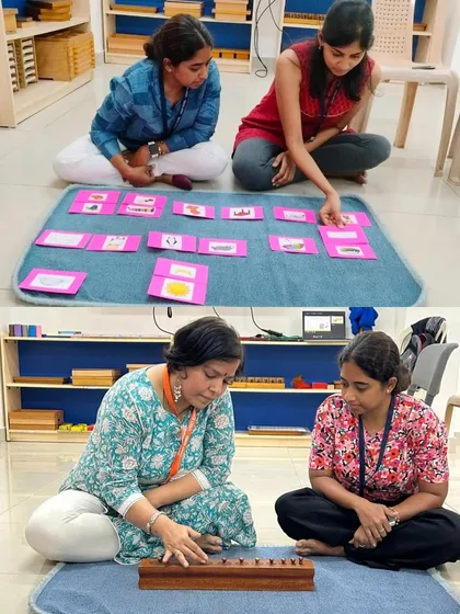 Two educators at Legacy School work with language materials, learning how to present reading and writing concepts in a systematic, hands-on manner.