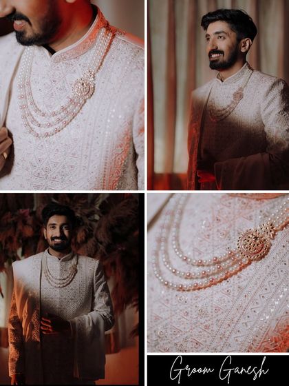A collage showcasing the groom, Ganesh. These portraits highlight his stylish sherwani and the intricate pearl necklace, capturing his confident and happy demeanor.