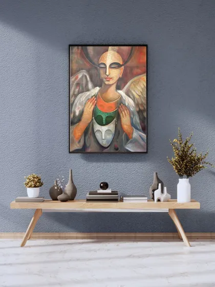 My painting 'FERIWALA' displayed on a wall, showing how its themes of identity and spirituality can add depth to a room.