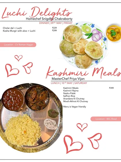 Explore the diverse tastes of India with our regional specials. This menu features Bengali Luchi Delights alongside authentic, vegan-friendly Kashmiri Meals, showcasing the breadth of our home-cooked offerings.