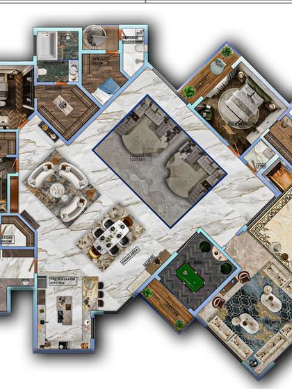 A detailed 2D floor plan that shows the intricate layout of a luxury home, including a grand spiral staircase and multiple living and sleeping zones.