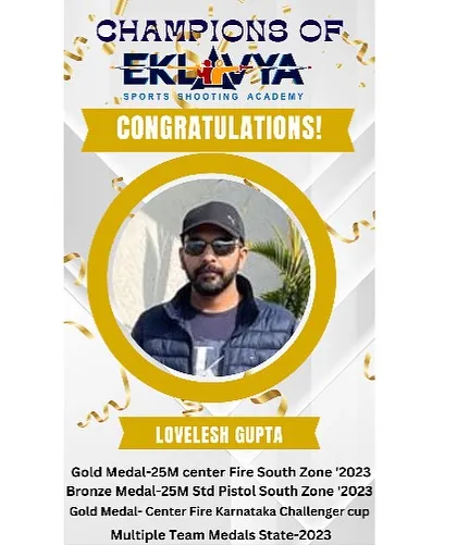 Recognizing the achievements of Lovelesh Gupta, a champion in 25m Center Fire and Standard Pistol events. We support shooters across various pistol disciplines.