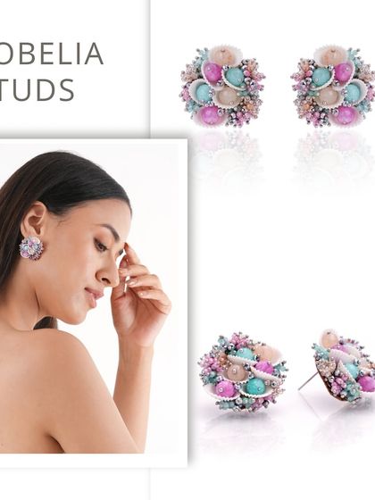 I love the vibrant colours in these Lobelia Studs. They are handcrafted with shell-like beads in pink, aqua, and white.