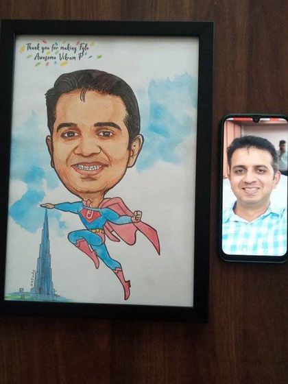 Another superhero caricature for a Fyle team member, showcasing our consistent style for team-wide gifting.