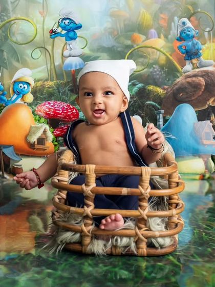 This little Smurf is having the time of his life. The pure joy on his face is what makes these creative, themed photoshoots so special.