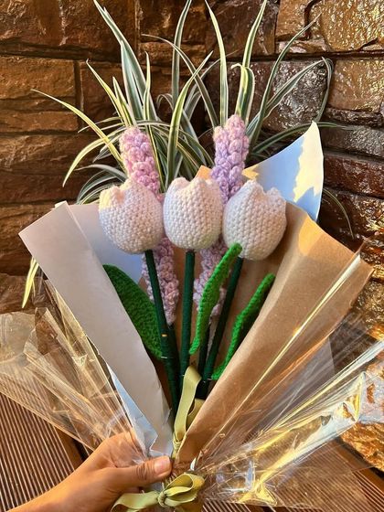 The final wrapped bouquet of tulips and lavender. It's ready to be gifted to someone special.