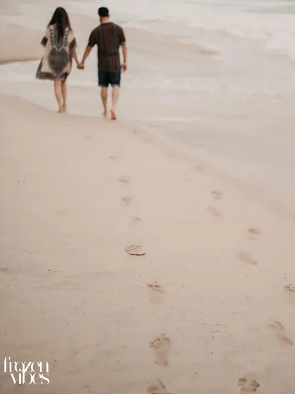 A simple yet powerful shot focusing on the couple's footprints in the sand as they walk away, hand in hand. It’s a beautiful metaphor for the start of their journey together.