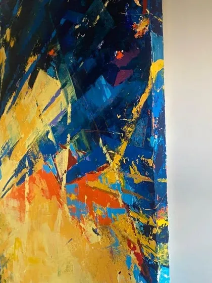 This abstract from my 'Confluence' series is all about the collision of energy. The vibrant yellows and deep blues clash and blend, creating a dynamic visual experience with thick, expressive palette knife work. This piece has been sold to a private collector.