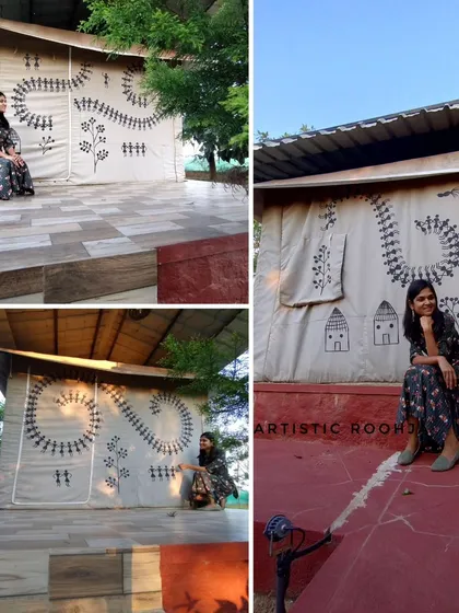 Here's an example of Warli art painted on a tent. This demonstrates the versatility of the art form, a topic I cover in the business ideas module of the course.