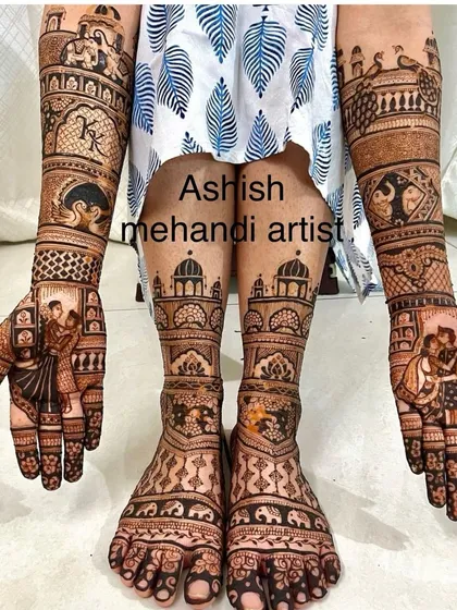 I provide complete bridal mehandi packages, covering both hands and feet with matching intricate designs. This full set features traditional Rajasthani motifs for a classic wedding look.