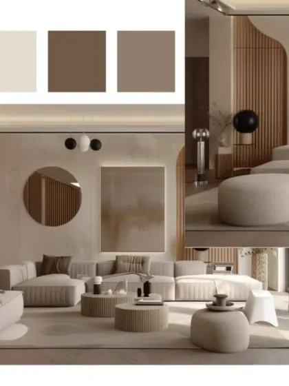 This mood board for a living area uses a palette of rich browns and beiges, with wood slat walls and circular mirrors to create a warm, contemporary space.