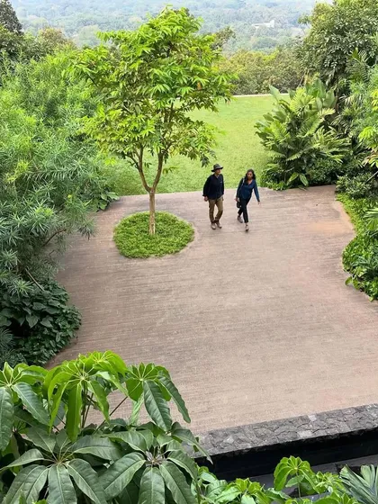 Our team walks through the landscaped grounds of an Alibaug project. Site visits are crucial for understanding how a design is evolving and how the landscape is maturing over time.
