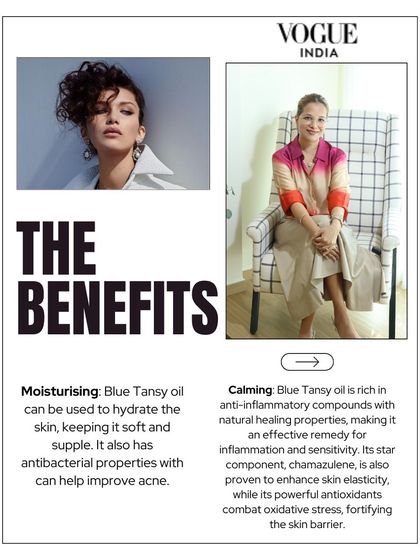 In my Vogue feature, I discuss the benefits of Blue Tansy oil, which is rich in anti-inflammatory compounds that calm sensitivity and fortify the skin barrier.