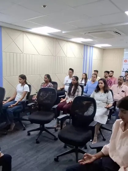 A wide view of our corporate yoga session in Andheri East. Our goal is to make wellness accessible, bringing the benefits of yoga directly to the workplace to support employee health and morale.