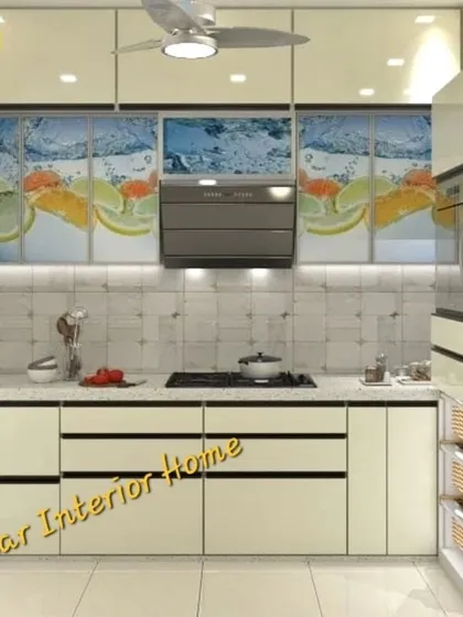 A close-up of the kitchen with custom digital print shutters. The design is both personalized and highly functional.