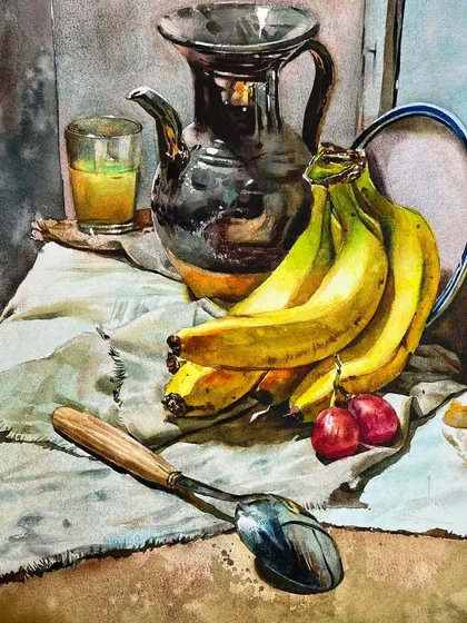 The full composition of the still life with bananas and a metal pitcher, showing the interplay of various objects and surfaces.