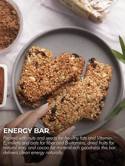 My gluten-free Energy Bar is packed with the goodness of nuts, seeds, millets, and dried fruits. It's the perfect functional snack for a clean energy boost without the crash.