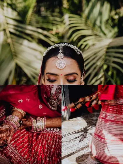 An artistic collage focusing on the details of the bride's attire: her matha patti, her intricate lehenga, and her henna-adorned hands.
