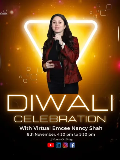 This graphic highlights my role as a virtual emcee for a corporate Diwali celebration, proving that fun and engagement can cross borders.