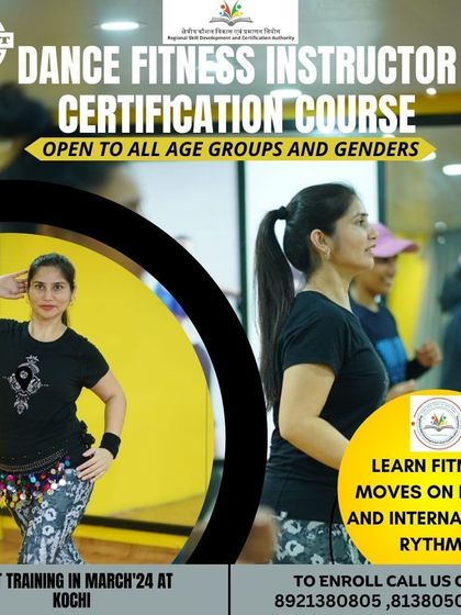 Our Dance Fitness Instructor course is open to everyone. Learn to lead high-energy aerobics classes that combine Indian and international music and movements. This poster announces our training in Kochi.