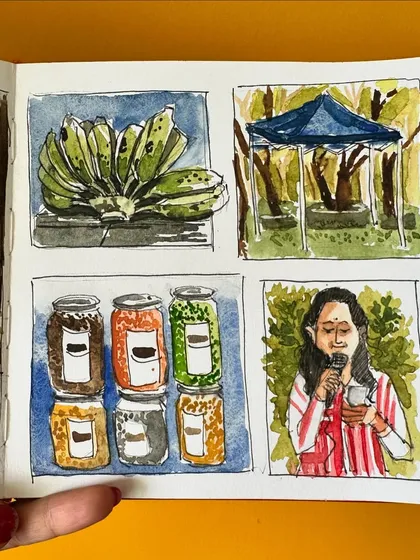 A close-up on the smaller panels of my farmer's market sketch, highlighting the details of the produce and people.