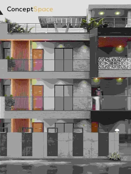 A stylized, monochromatic render of a residential project. This view highlights the building's form and the arrangement of its key architectural elements, like the balconies and vertical wooden slats.