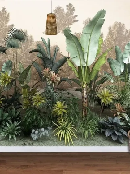 A beautiful wallpaper mural depicting a lush, layered jungle scene, perfect for creating a sense of depth and nature.