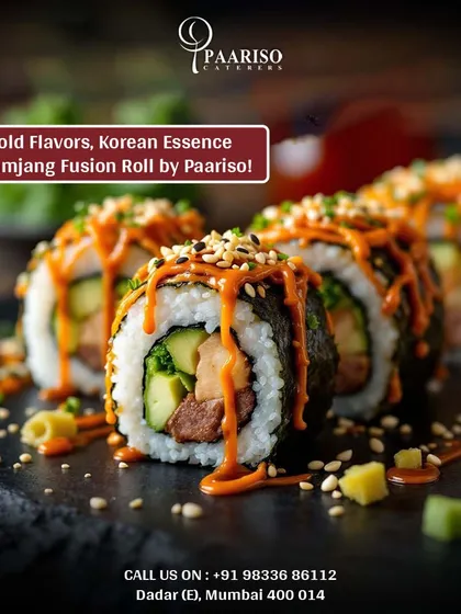 Our culinary range extends to innovative global cuisine. These Ssamjang Fusion Rolls are a perfect example, blending Korean-inspired bold flavors with the delicate art of sushi making to offer a unique and memorable appetizer for your event.