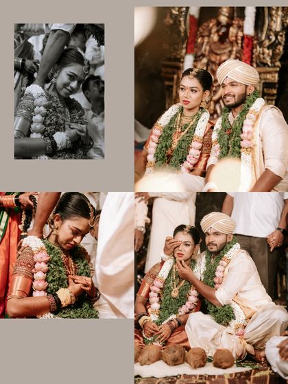 A collage of candid and emotional moments from a South Indian wedding ceremony. We focus on the small gestures and expressions that tell the real story.