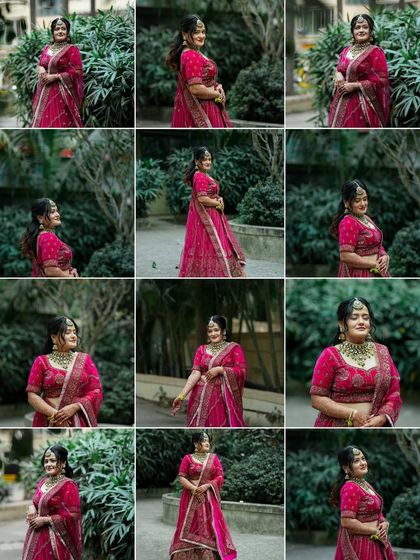 A grid of portraits showcasing the bride in her beautiful pink lehenga. We take shots from various angles to capture every detail of her look.