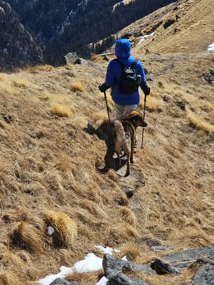 Following my guides on a narrow mountain path. Even when you're trekking solo, you're never truly alone in the mountains. The connections you make along the way are part of the experience.