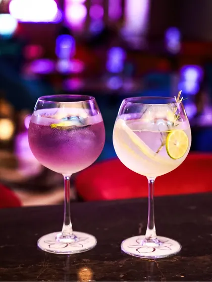 Two large gin and tonic glasses, one with a purple hue and the other clear, sit on a bar counter with colorful bokeh lights in the background. This shot captures the vibrant nightlife of a modern lounge.