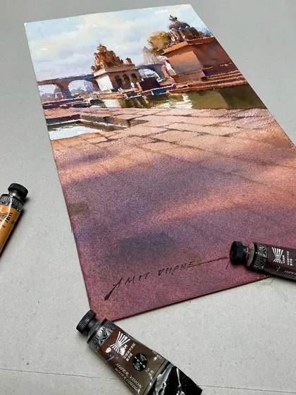 A study sketch in watercolour, focusing on architectural elements and reflections in the water.