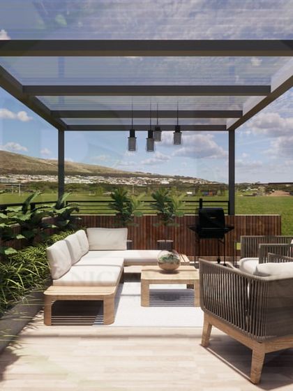 This 3D design shows a complete terrace layout from a higher angle. It includes a large seating area, planters for greenery, a BBQ station, and a wooden privacy fence, all arranged on a light-colored deck.