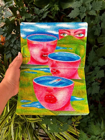 A sketchbook drawing of floating, cup-like faces in a landscape.