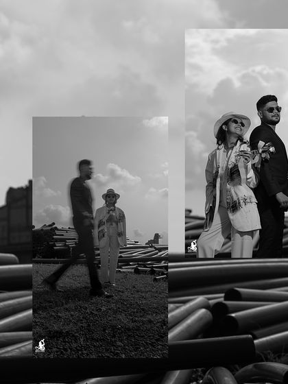 A dynamic black and white collage that plays with motion blur and sharp focus to create an artistic pre-wedding story.
