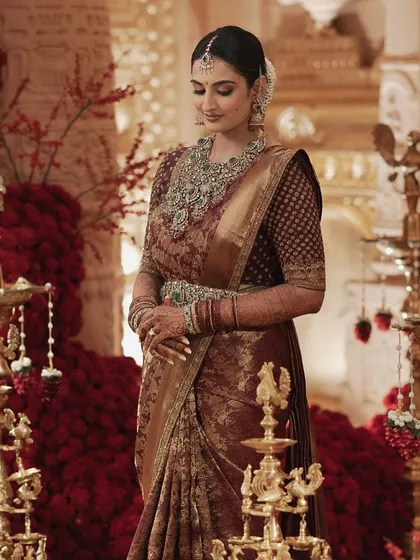 Showcasing the elegance of a South Indian bride. For Sree's wedding, we chose a traditional Shravan Kummar saree and paired it with stunning heritage jewellery, creating a look that was both classic and absolutely radiant.