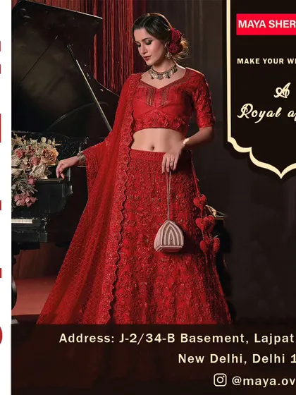 Make your wedding a royal affair without the royal expense. This offer applies to my entire collection, including stunning red lehengas like the one shown here, perfect for any grand celebration.
