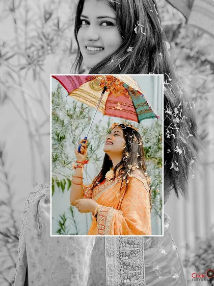 A creative Haldi portrait using a color-pop effect, with the bride and her umbrella in full color against a black and white background.