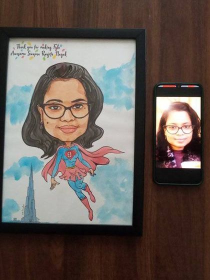 A superhero-themed caricature for a valued employee at Fyle, shown next to her original photo.