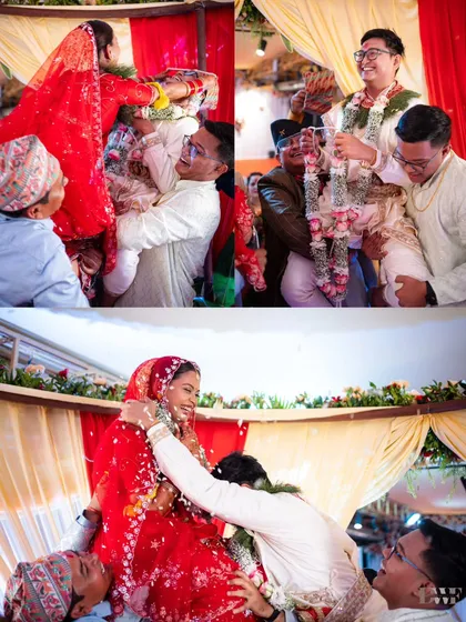 A collage showing the fun and playful Varmala ceremony, where the couple is lifted up by their friends and family.