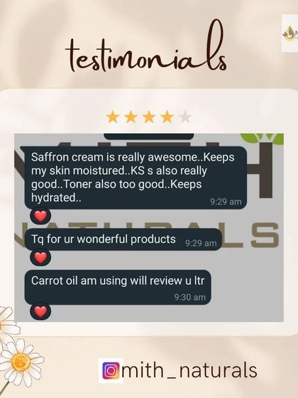 A beautiful testimonial for my Saffron Cream, Kumkumadhi Serum (KS), and Toner. The customer says the products are "really awesome" and keep her skin moisturized and hydrated.