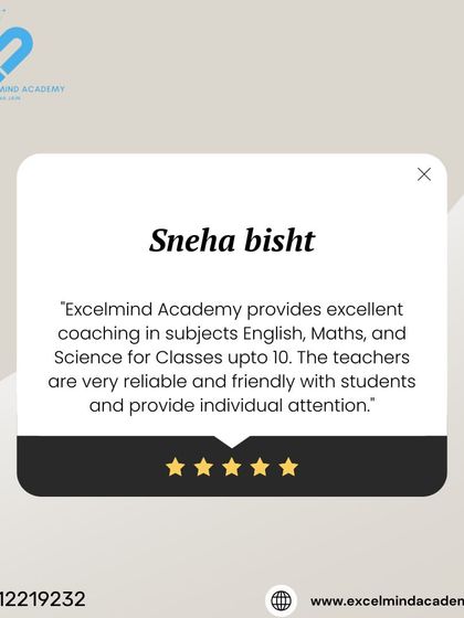 A testimonial from Sneha Bisht praising our coaching for English, Maths, and Science. She highlights the individual attention and friendly nature of our teachers.