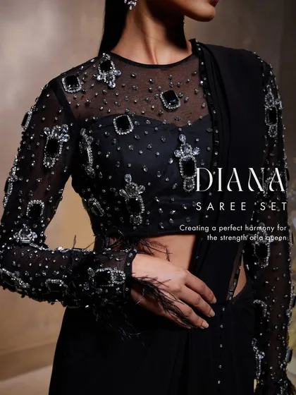 A close-up of the Diana Saree Set, showcasing the meticulously hand-embellished blouse with stone and feather details. It's a perfect harmony of strength and tenderness.