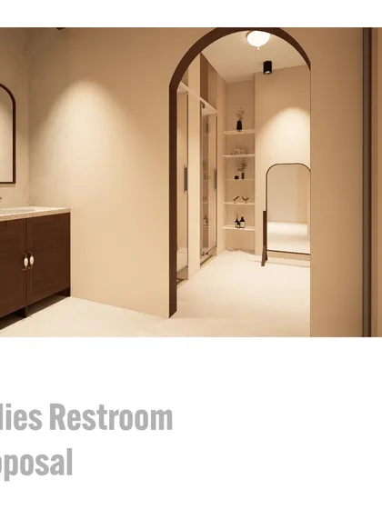 This render shows our proposed layout for the ladies' restroom, with an arched entryway leading to the shower and changing facilities. The design creates a graceful and intuitive flow through the space.