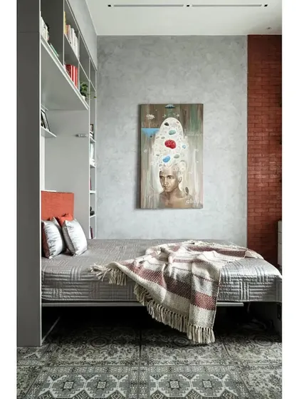 The room transformed into a cozy guest bedroom with the Murphy bed pulled down. It shows how the space can comfortably accommodate visitors without any compromise on style.